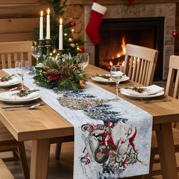 Vianočný gobelínový behúň na stôl Santa na skútri Chenille IT045 Farba Viacfarebná Rozmery 40x130 cm