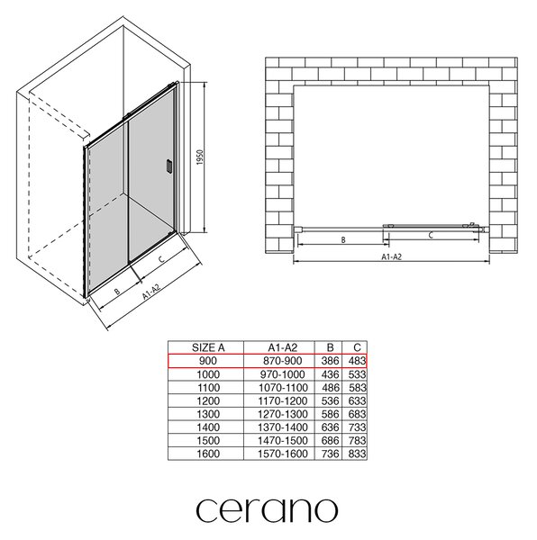 CERANO - Sprchové posuvné dvere Varone LINE Ľ/P - 6 mm - chróm, mliečne sklo - 90x195 cm