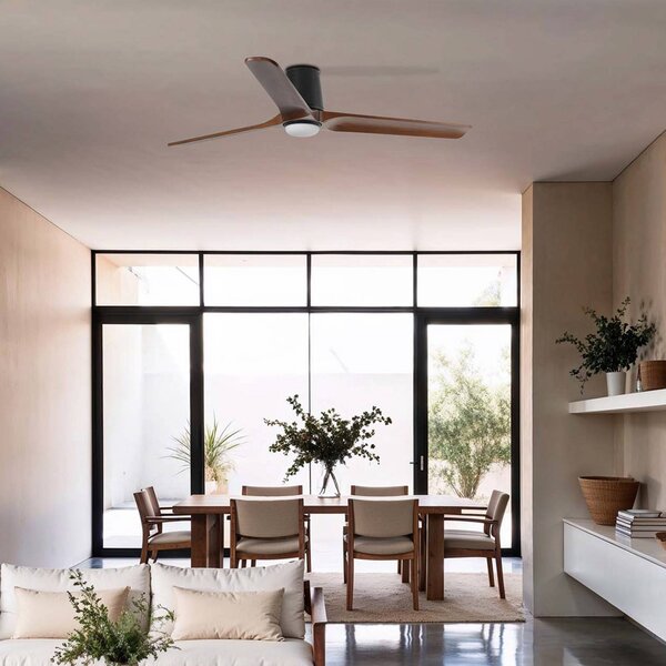 FARO BARCELONA LED ventilátor Heywood L, Ø 132 cm, čierny/v odtieni dreva, DC,, Tmavé drevo, Obývacia izba / jedáleň, Drevo, Moderný