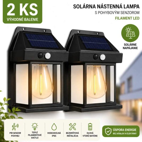 Solárna nástenná lampa PIR – filament LED – čierna (GOE-13007-2 kusy)