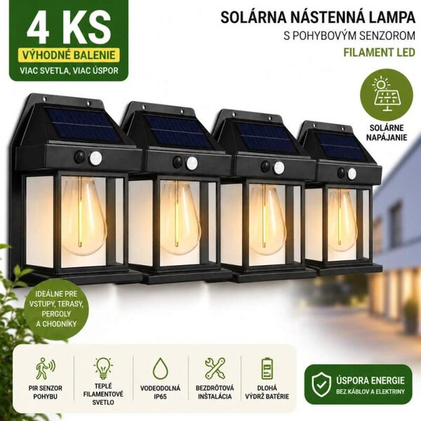 Solárna nástenná lampa PIR – filament LED – čierna (GOE-13007-4 kusy)