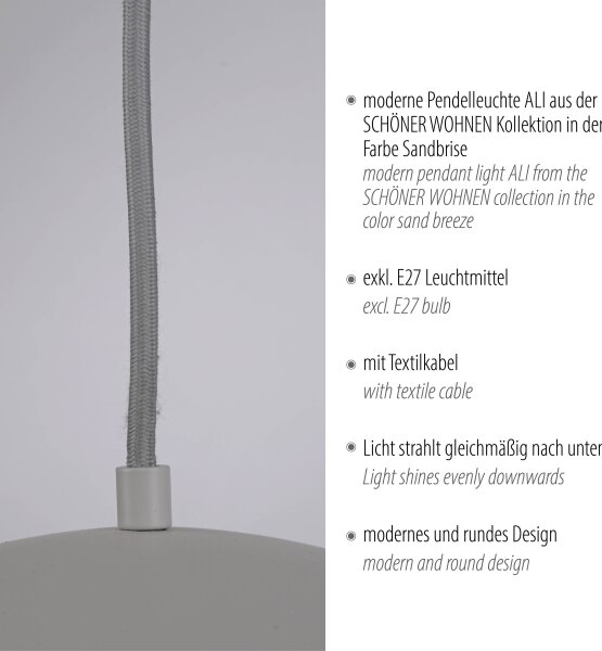 Schöner Wohnen 11728-39 - Závesné svietidlo ALI na lanku 1xE27/25W/230V pr. 38 cm sivá
