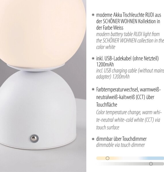 Schöner Wohnen 19218-16 - LED stmievateľná stolná lampa RUDI LED/1,2W/5V biela