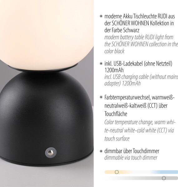Schöner Wohnen 19218-18 - LED stmievateľná stolná lampa RUDI LED/1,2W/5V čierna