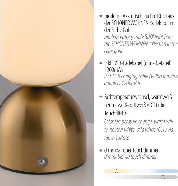 Schöner Wohnen 19218-12 - stolová stmievateľná LED lampa RUDI LED/1,2W/5V zlatá