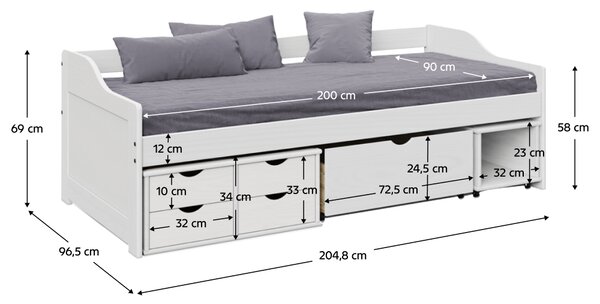 KONDELA Posteľ s úložným priestorom, biela, masív, 90x200, MAXI NEW