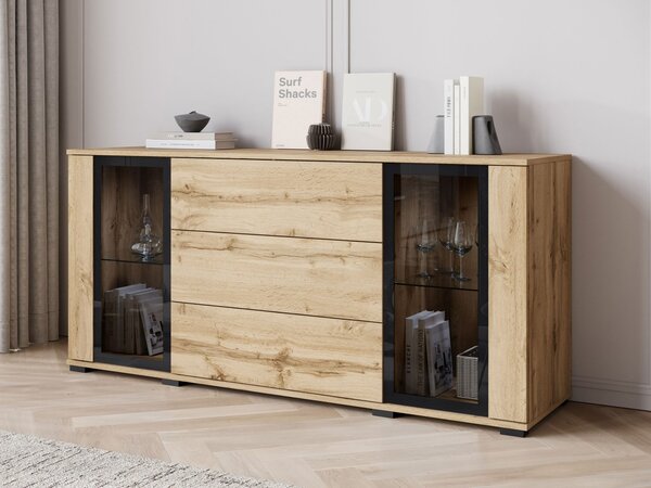 Mirjan24 Široká komoda Hedvis SB 150 2D3S, Farby: wotan / biely lesk, Osvetlenie: osvetlenie LED biele 5903211423291