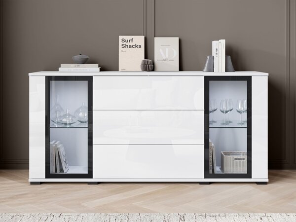 Mirjan24 Široká komoda Hedvis SB 150 2D3S, Farby: wotan / biely lesk, Osvetlenie: osvetlenie LED biele 5903211423291