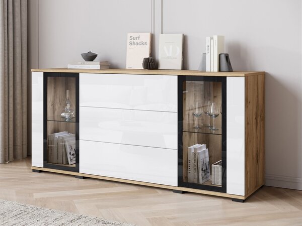 Mirjan24 Široká komoda Hedvis SB 150 2D3S, Farby: wotan / biely lesk, Osvetlenie: osvetlenie LED biele 5903211423291