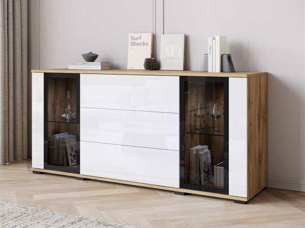Mirjan24 Široká komoda Hedvis SB 150 2D3S, Farby: wotan / biely lesk, Osvetlenie: osvetlenie LED biele 5903211423291