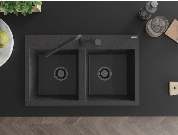 Mexen Hektor, 2-komorový granitový drez 800x480x205 mm, čierna škvrnitá, grafitový sifón, 6521802000-76-B