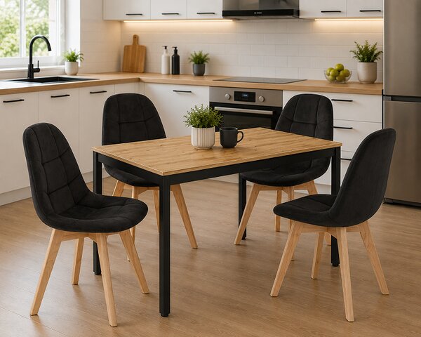 Jedálenská zostava: TESSA 120x60 artisan dub/čierne nohy + 4 ks BORA stoličky zamatové čierne/prírodné nohy