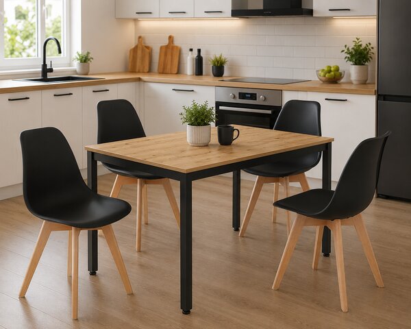 Jedálenská zostava: TESSA 120x60 artisan dub/čierne nohy + 4 ks KITO stoličky biele/prírodné nohy