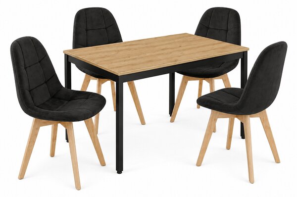 Jedálenská zostava: TESSA 120x60 artisan dub/čierne nohy + 4 ks BORA stoličky zamatové čierne/prírodné nohy