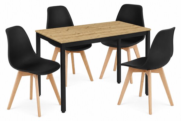Jedálenská zostava: TESSA 120x60 artisan dub/čierne nohy + 4 ks KITO stoličky biele/prírodné nohy