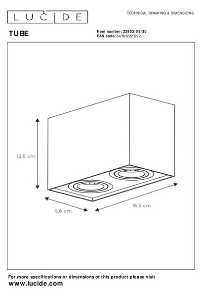 Lucide 22953/02/30 stropné bodové svietidlo Tube 2x50W | GU10 - čierna, nastaviteľné, stmievateľné