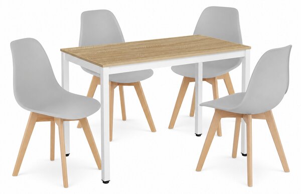Jedálenský set: TESSA 120×60 cm dub/biela + 4 ks KITO stoličky sivé/prírodné nohy