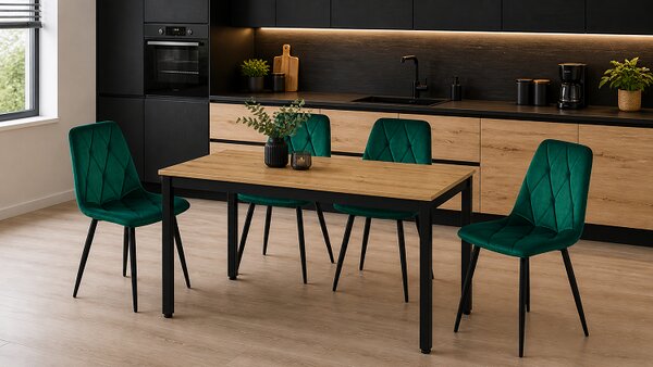 Jedálenská zostava: TESSA 120x60 artisan dub/čierne nohy + 4 ks DORA stoličky tmavozelené/čierne nohy