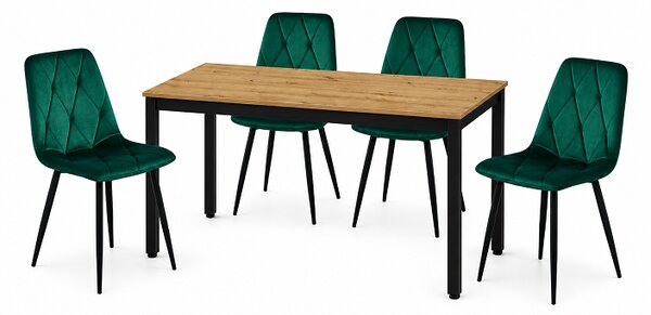 Jedálenská zostava: TESSA 120x60 artisan dub/čierne nohy + 4 ks DORA stoličky tmavozelené/čierne nohy