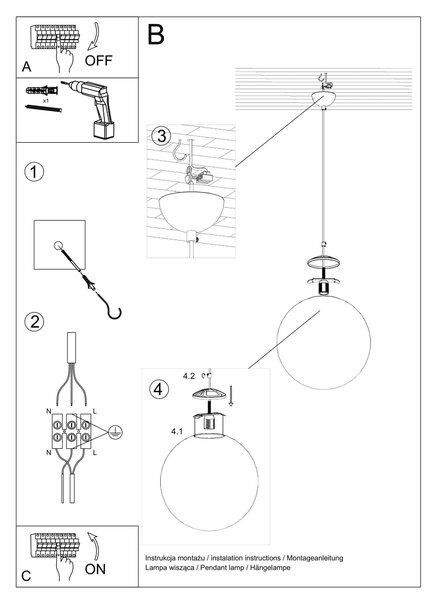 Závesné svietidlo Ugo, 1x biele sklenené tienidlo, (fi 30 cm), ch