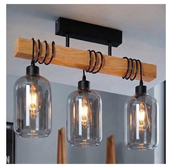 Brilagi - Prisadený luster WOOD GLASS 3xE27/60W/230V borovica/čierna/dymovo sivá