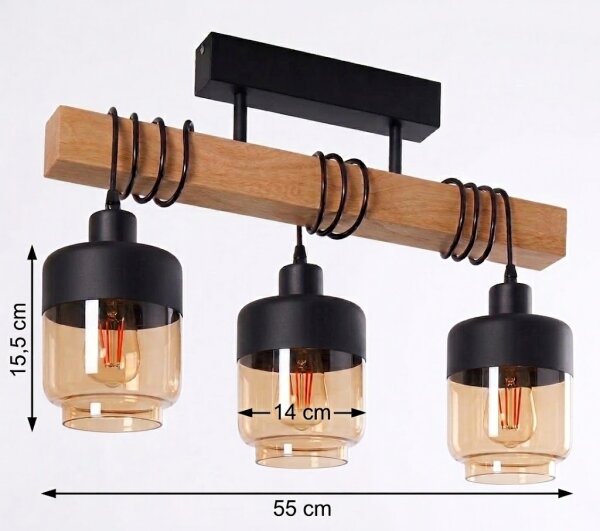 Brilagi - Prisadený luster WOOD GLASS 3xE27/60W/230V borovica/čierna/dymovo-hnedá