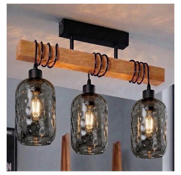Brilagi - Prisadený luster WOOD GLASS 3xE27/60W/230V borovica/čierna/dymovo sivá
