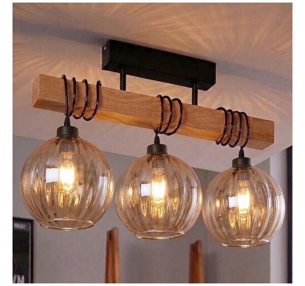 Brilagi - Prisadený luster WOOD GLASS 3xE27/60W/230V borovica/čierna/dymovo-hnedá
