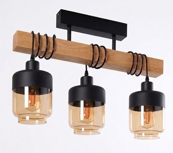 Brilagi - Prisadený luster WOOD GLASS 3xE27/60W/230V borovica/čierna/dymovo-hnedá