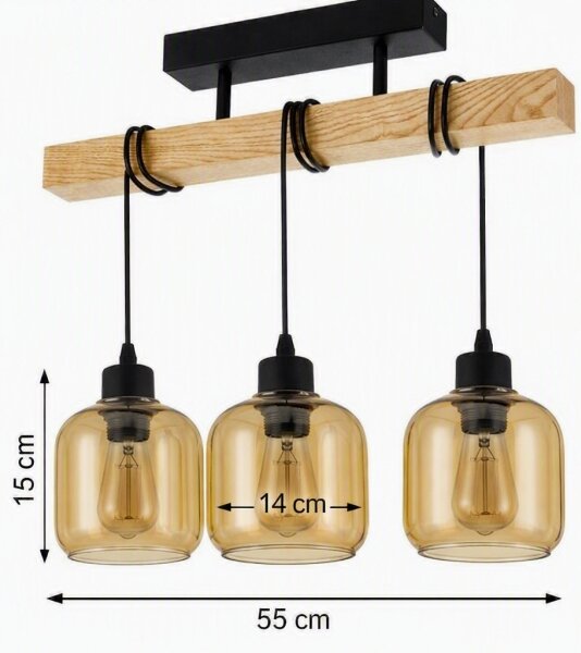 Brilagi - Prisadený luster WOOD GLASS 3xE27/60W/230V borovica/čierna/dymovo-hnedá