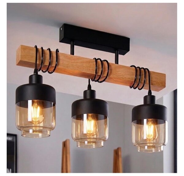 Brilagi - Prisadený luster WOOD GLASS 3xE27/60W/230V borovica/čierna/dymovo-hnedá