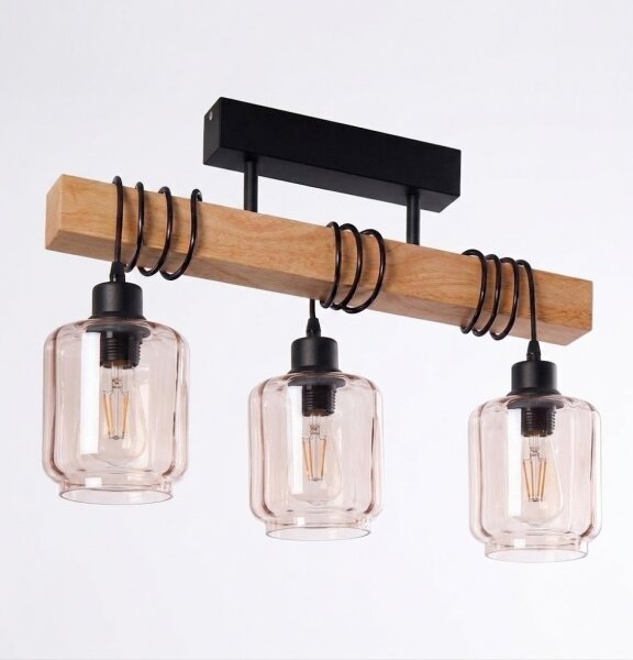 Brilagi - Prisadený luster WOOD GLASS 3xE27/60W/230V borovica/čierna/dymová béžová