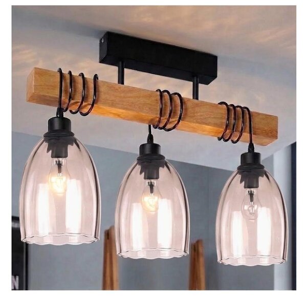 Brilagi - Prisadený luster WOOD GLASS 3xE27/60W/230V borovica/čierna/dymovo-béžová