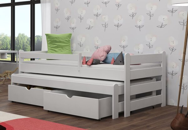 MAXMAX Detská posteľ z masívu borovice ALEX s prístelkou a šuplíky - 200x90 cm - BIELA