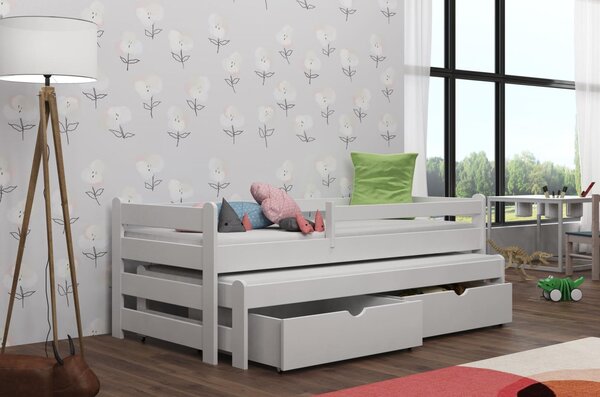 MAXMAX Detská posteľ z masívu borovice ALEX s prístelkou a šuplíky - 200x90 cm - BIELA