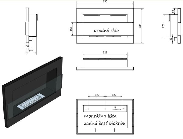 Závesný biokrb na stenu EOS MOKKA SO SKLOM 65x40x12