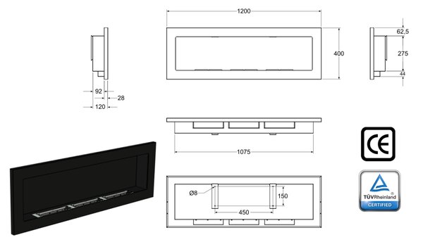 Závesný biokrb na stenu GRAND ČIERNY MAT SO SKLOM 120x40x12