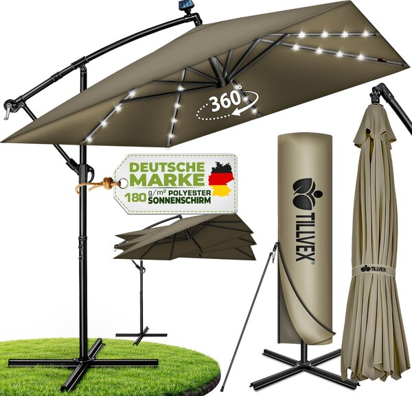 Tillvex® Hliníkový slnečník obdĺžnikový Ø 330 cm s LED solárnou hnedou + kryt s kľukou | konzolový slnečník so stojanom a vetrovkou | záhradný slnečník s UV ochranou, vodotesný, otočný o 360° | slnečník s kľukou na trhu