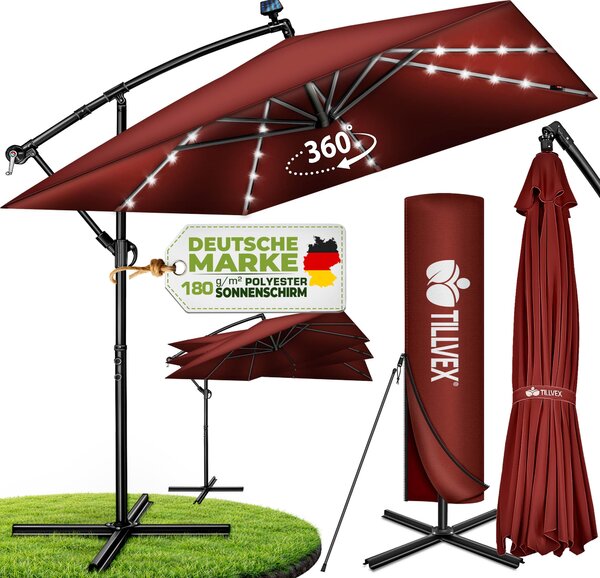 Tillvex® Hliníkový slnečník obdĺžnikový Ø 330 cm s LED solárnou červenou + kryt s kľukou | konzolový slnečník so stojanom a vetrovkou | záhradný slnečník s UV ochranou, vodotesný, otočný o 360° | slnečník s kľukou na trhu