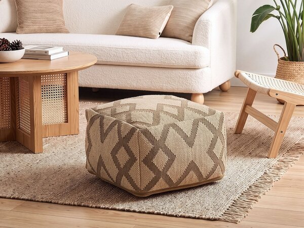 Taburetka béžová a svetlohnedá juta a vlna 50 x 50 cm geometrický vzor štvorcový puf na sedenie