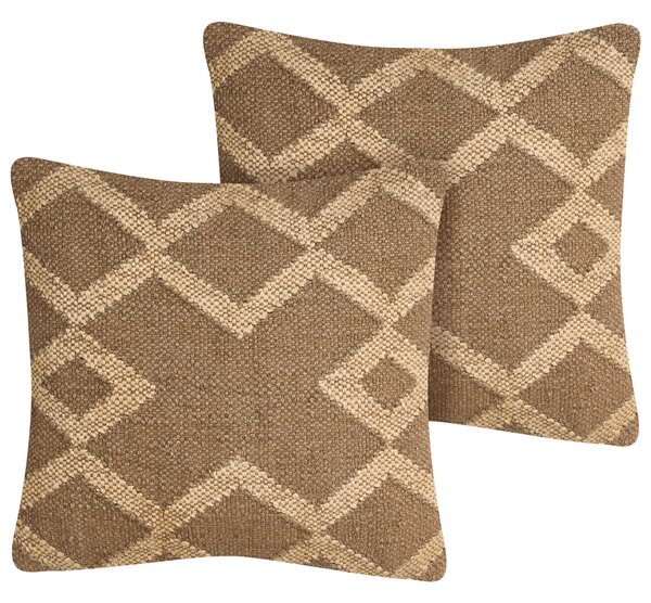 Súprava 2 dekoratívnych vankúšov svetlohnedá a béžová juta a vlna 45 x 45 cm geometrický vzor štvorcové vankúšiky