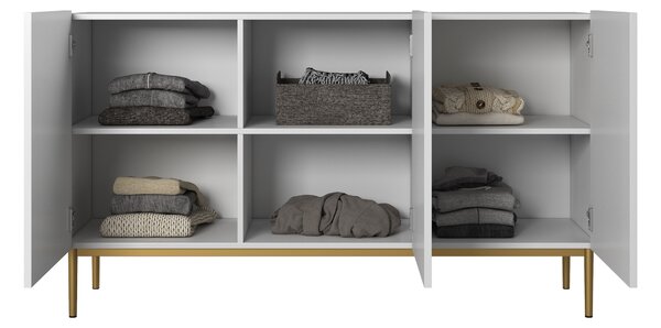 Biela komoda Nicole 150 cm s trojdverovým ryhovaným čelom - matná biela / zlaté nožičky