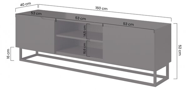 TV skrinka Loftia Mini 160 cm s otvorenými priečinkami a kovovým rámom – čierna / čierny mat