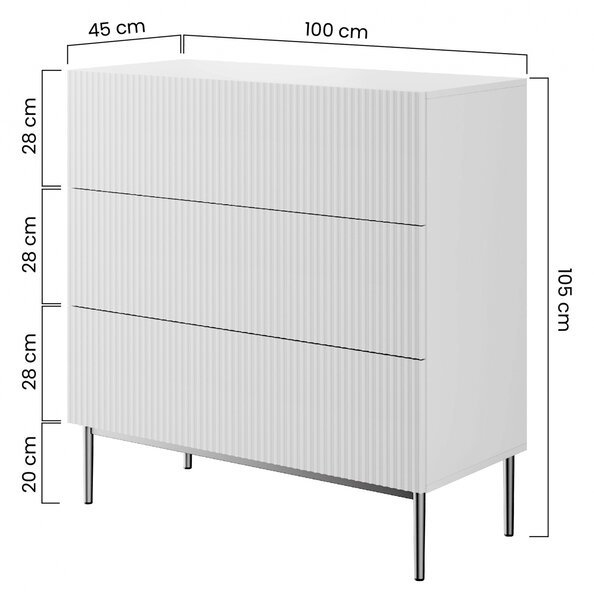 Komoda Nicole 100 cm so zásuvkami a ryhovaným čelom - kasmír / čierne nohy
