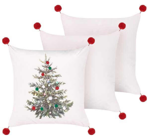 Sada 3 dekoratívnych vankúšov biela polyester 45 x 45 cm štvorcový tvar s vianočným motívom a brmbolcami snímateľné poťahy doplnky