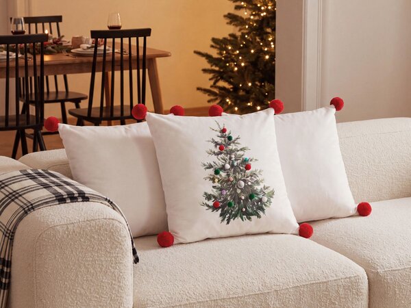 Sada 3 dekoratívnych vankúšov biela polyester 45 x 45 cm štvorcový tvar s vianočným motívom a brmbolcami snímateľné poťahy doplnky