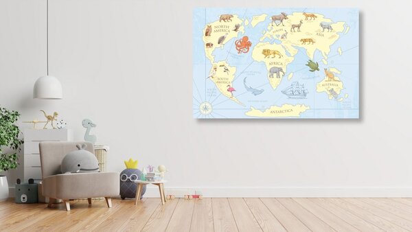 Obraz na korku mapa sveta so zvieratami