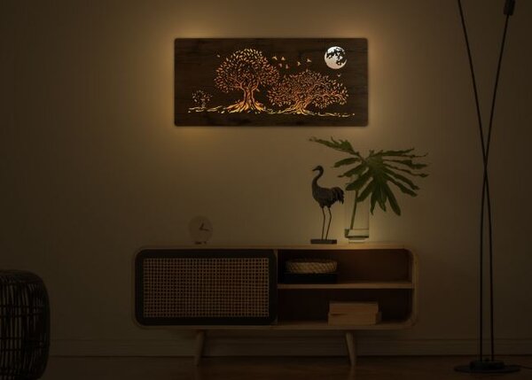 Svietiaci obraz na stenu Stromy a mesiac (Led obraz stromov 90x42 cm)