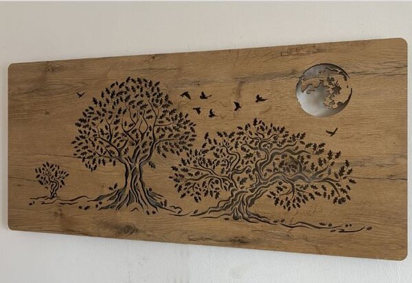 Svietiaci obraz na stenu Stromy a mesiac (Led obraz stromov 90x42 cm)