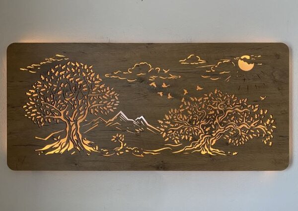 Svietiaci obraz strom Tri duby (Podsvietený obraz na stenu 90x42 cm)